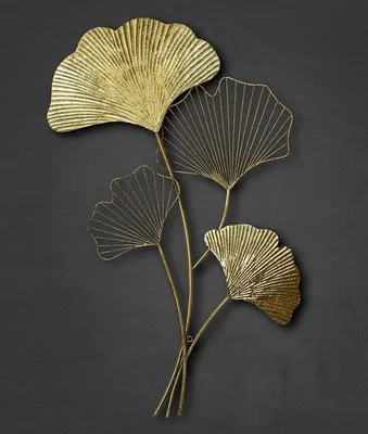 Produktbild von Gingkoblätter-Metall-3D-Wandkunst Goldausführung - Elegante Wohnzimmer-Wanddekoration 46 x 75 cm