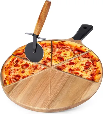 Produktbild von Holzschneidebrett für Pizza mit Stahlmesser und Schneiderille
