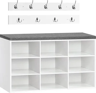 Produktbild von Unyqoos® Schuhbank-Set – Schuhregal mit 9 Fächern und gepolsterter Sitzbank, Wandgarderobe mit 9 Haken (78 x 8 cm), Sitzbank 80 x 30 x 48 cm, weiß, Spanplatte, 220 lbs