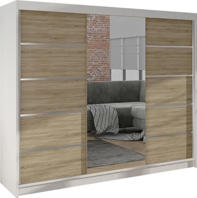 Produktbild von MIRJAN24 Schiebetürenschrank  Derby VI, Kleiderschrank, Stilvoll Schlafzimmer Garderobenschrank (Farbe: Weiß / Sonoma Eiche)