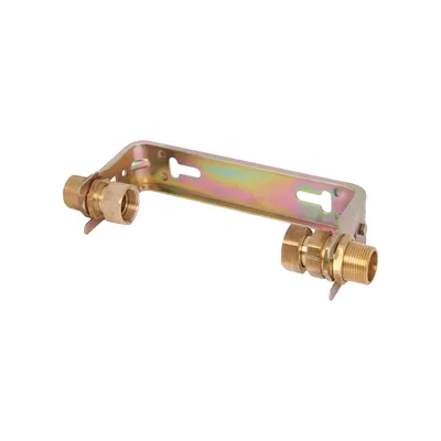 A plumbing bracket with two brass fittings, isolated on a white background.
