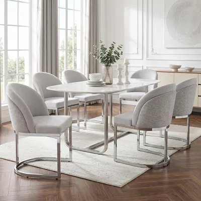 Immagine prodotto di Set di 6 sedie da pranzo MODFU, sedie da cucina con schienale doppio, poltrone relax dal design curvo, poltrone imbottite in chenille, colore grigio chiaro e argento