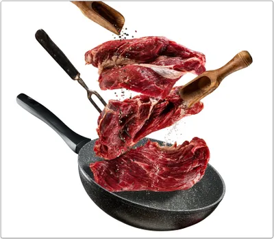 Produktbild von Spritzschutz Herdabdeckplatte Schneidebrett aus Glas Steak auf Pfanne 1-Teilig (60x52cm)