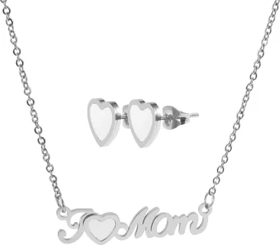 Produktbild von Akzent Schmuckset, Ohrstecker und Halskette, Edelstahl, "I Love Mom"