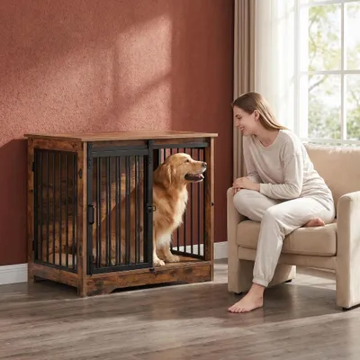 Produktbild von Hundekäfig Möbel, 100 cm Hundebox, 2 Türen, Weiß Braun | Schiebetüren, Moderne Hundebox Holz Indoor für Mittlere/Große Hunde, Hundekäfig für Zuhause,