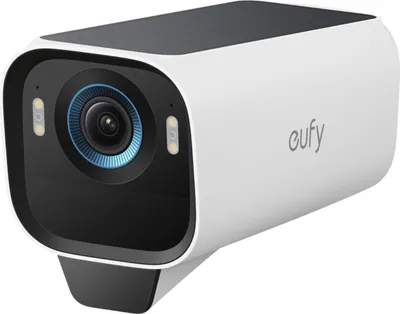 A white and black Eufy security camera is shown against a white background.