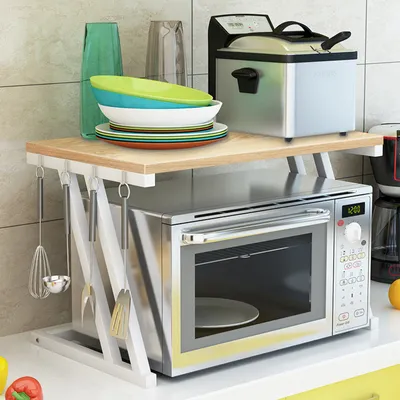 Image de Support pour micro-ondes Étagère de cuisine avec crochets 57*38*38cm Noyer