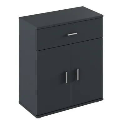 A dark gray cabinet with a drawer and two doors, shown against a white background.