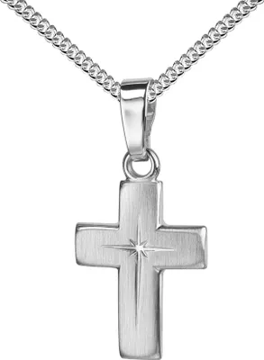Produktbild von JEVELION Kreuz-Anhänger mit Panzer-Kette für Damen, Herren und Kinder mattiertes Kreuz mit strahlenförmiger Kreuz-Gravur als Kettenanhänger 925 Silber + Schmuck-Etui