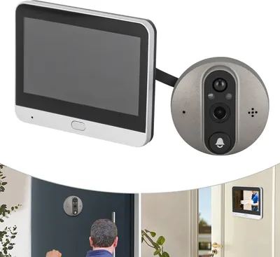 A video doorbell system with a screen and camera unit, shown in use at a doorway.