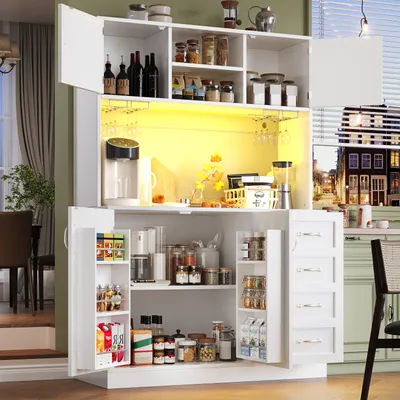 Produktbild von MODFU Küchenschrank,Seitenboard mit 2 große Schubladen und Offener Stauraum,Aufbewahrungsschrank,Hochschrank mit LED-Beleuchtung und Aufbewahrungsregal,Viel Stauraum,Weiß