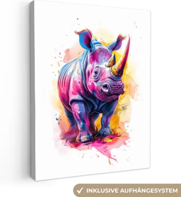 Produktbild von MuchoWow® - Leinwandbilder - Nashorn - Bunt - Malen - Tiere, Wandbild, Wanddeko Bilder Wohnzimmer, 90x120cm