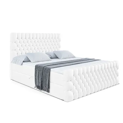 Produktbild von ALTDECOR Boxspringbett mit Fußteil, H3 Matratze und Topper - 180 x 200 cm - SERENE-Z - Weiß Kunstleder - Polsterbett mit Bettkasten und Lattenrost, Bett mit Stauraum