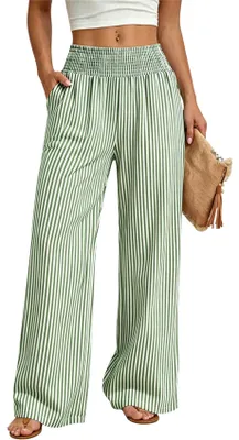 Image de Pantalon ample pour femmes ASKSA, pantalon d'été à carreaux, taille haute, coupe palazzo élastique, style baggy, pantalon de loisirs décontracté avec poches, rayures, vert armée, taille XXL