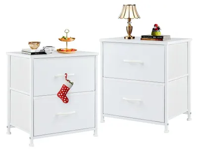 Produktbild von Nachttisch 2er Set Beistelltisch mit Stoff und Schubladen für Schlafzimmer im Industrial Stil