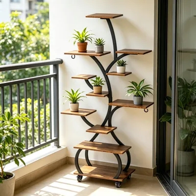 Image de Support à fleurs FCH avec lumière de croissance, 8 niveaux, forme d'escalier, 4 roulettes, hauteur 122 cm/126,5 cm. Étagère métallique pour plantes, idéale pour l'intérieur ou un balcon, de couleur noire
