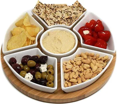 Produktbild von Famanu Snackschalen Set mit Bamboe-Dienblatt - 6 Keramische Schalen