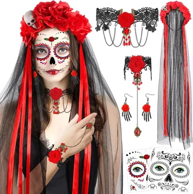 Immagine prodotto di HOWAF: Costume di Halloween per donna, set completo con fascia per capelli a tema "Dia de los Muertos" e velo