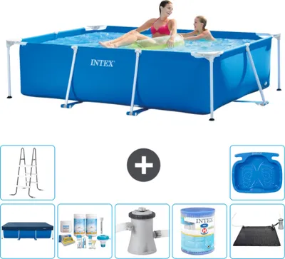 Produktbild von Intex-Schwimmbecken mit rechteckigem Rahmen – 220 x 150 x 60 cm – Blau – im Lieferumfang enthalten Abdeckung - Wartungspaket - Filterpumpe für Schwimmbad - Filter - Solarmatte - Leiter