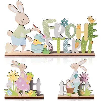 3er-Set Oster-Ständer mit Hase & Blumen, Holz, 29 cm