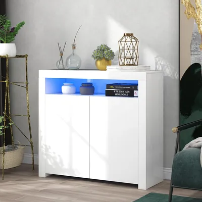 Image de Buffet - 108 x 40 x 92 cm, blanc brillant - Éclairage LED avec application et port USB - 2 portes et compartiment ouvert