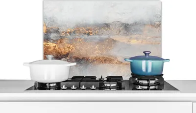 Produktbild von KitchenYeah®  Spritzschutz Küche - Küchenrückwand - Wandschutz für Herd und Spüle - Nebel - Gold - Abstrakt 70x50 - Alu-Dibond (Alternative zum Spritzschutz aus Glas) - Hitzebeständig - Herdspritzschu