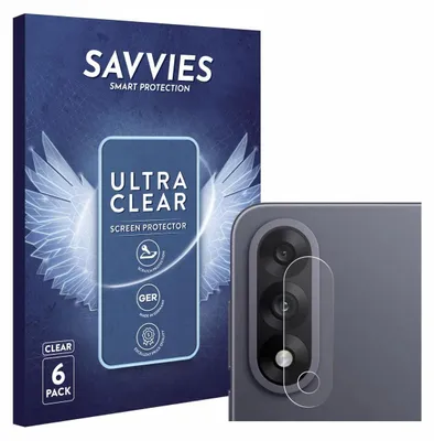 A product box for screen protectors is shown next to a smartphone with a camera lens protector applied.