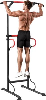 Image de HOMCOM Station de musculation multifonctions barre de traction chaise romaine hauteur réglable acier noir rouge