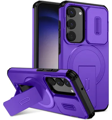 Obrázek produktu pro Magnetické pouzdro pro Samsung Galaxy S23, dvouvrstvé odolné pouzdro s posuvnou ochranou fotoaparátu a nastavitelným stojánkem Fialová