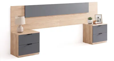 Imagen del producto de duehome -Cabecero para cama de 135-150 cm y 2 mesitas con cajones Akari