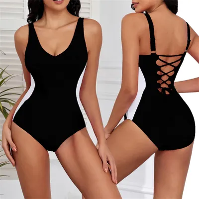Produktbild von Damen Badeanzug Bauch Kontrolle Badeanzug Tiefe V-Hals Shaping-Effekt Bademode Schwarz XXL