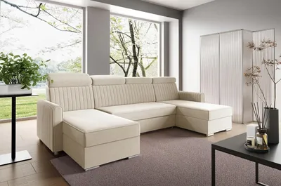 Zdjęcie produktu dla LIKMA Narożnik 274 cm Beżowy Rozkładany NELI Kształt U z Funkcją Spania (254x125 cm) i Pojemnikiem na Pościel Sofa z Regulowanymi Zagłówkami