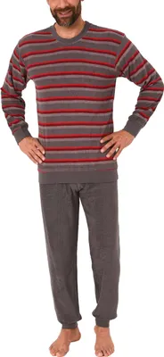 Produktbild von Herren Frottee Pyjama langarm Schlafanzug mit Bündchen in Streifenoptik - 291 101 13 578 ; grau , 56