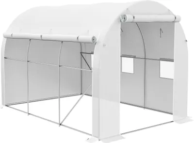 Image de Outsunny Serre de jardin 6 m² 3 x 2 m avec 1 porte + 2 parois latérales zippées enroulables, 6 fenêtres, acier galvanisé PE haute densité 140 g/m² Anti-UV blanc