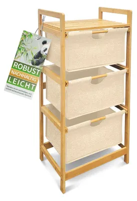 Produktbild von HEIMWERT Naturweiß  Wäschekorb Regal 3 Fächer - Stabiler Wäschesortierer aus Bambus Holz - Wäschesammler 44 x 34,5 x 96 cm groß für Badezimmer und Schlafzimmer I Wäsche Organizer mit Textil Korb