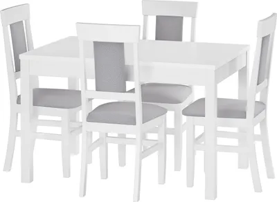 Produktbild von Weißer Esstisch 75 x 120 mit vier Polsterstühlen in weiß-grau Massivholz Kiefer 90.70-51AW-Set25