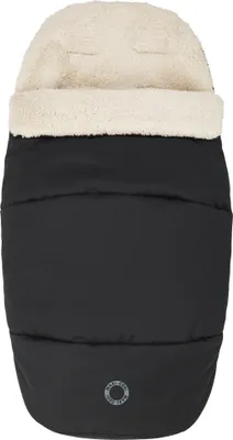 A black footmuff with a cream-colored fuzzy lining, shown against a white background.