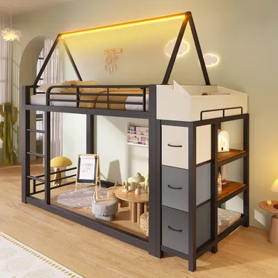 Produktbild von Hochbett 90 x 200 cm mit LED-Lichtleiste, Regalen und Stoffschubladen, platzsparendes Bett mit Schutzgeländer und flexiblem Platz darunter, Schwarz