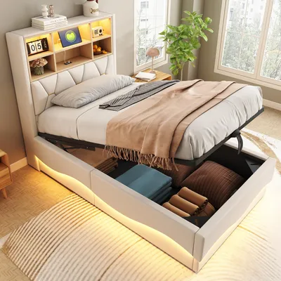 Image de MODFU Lit Coffre 90x200 cm - Lit Simple avec Rangement Hydraulique et LED Télécommandé, Lit Capitonnée en Tissu Lin, Sans Matelas - Beige