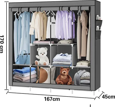 Produktbild von Kleiderschrank Faltschrank Stoffschrank  mit 4 Kleiderstangen 167x45x170cm Dunkelgrau