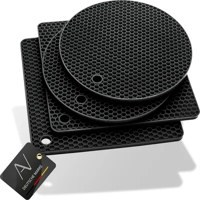 Produktbild von Siliconen Untersetzer Set von 4 premium hitzebeständigen Topflappen mit Honigwabenmuster (2 rund, 2 quadratisch) - schwarz