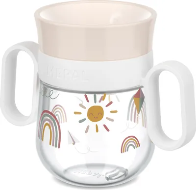 A children's sippy cup with a sunshine and rainbow design.