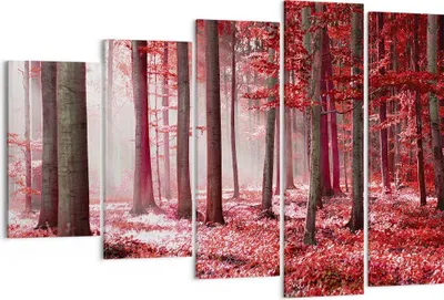 Produktbild von Bild auf Leinwand - Leinwandbild - 5 Teile - Wald Rot Bäume - 150x100cm - Wand Bild - Wanddeko - Wandbilder - Leinwanddruck - Bilder - Wanddekoration - Leinwand bilder - Wandbild - EG150x100-4944