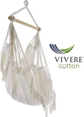A white hammock chair hanging from a wooden bar, with a logo and text on the right side.
