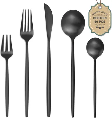 Image de Service de couverts 60 pièces, pour 12 personnes, en acier inoxydable, finition brillante, compatible lave-vaisselle, idéal pour un usage quotidien
