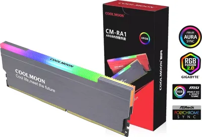 A computer RAM module with RGB lighting next to its packaging, with various motherboard RGB sync logos.