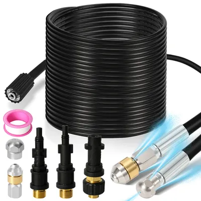 Produktbild von Clanmacy Rohrreinigungsschlauch Set 30M, mit Düsen starr + rotierend, 3 Adapter, für handelsübliche Hochdruckreiniger, universelles Rohrreinigungs Set