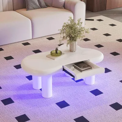 Produktbild von Moderner Couchtisch aus MDF mit LED-Beleuchtung und Schublade, Stilvoller Wohnzimmertisch mit Stauraum, Wolkenform - LED in 16 Farben,  Weiß