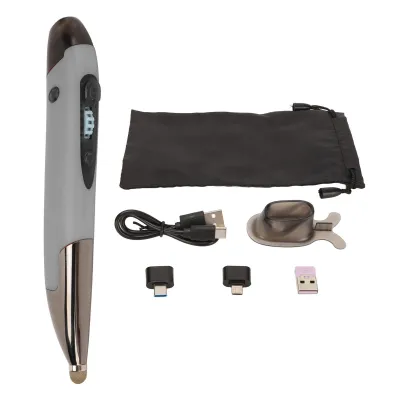 A pen mouse and its accessories are laid out on a white background.