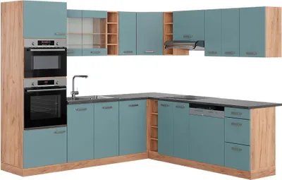 Produktbild von Eckküche Vicco R-Line Blau-Grau/Goldkraft Eiche 247 x 60 cm , AP Anthrazit, Model 43117